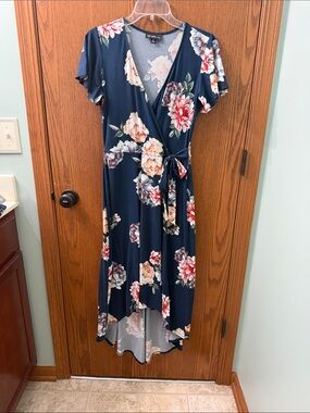 Women’s Navy Floral Wrap Hi-Low Dress with Tie Waist